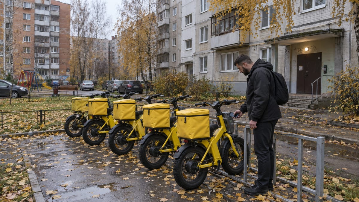 Жёлтые прокатные электровелосипеды и самокаты на парковке у газона
