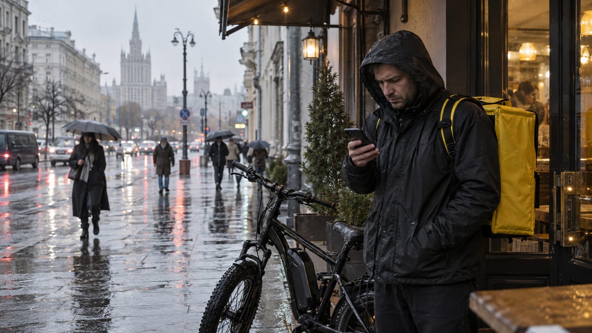 Курьер с жёлтым термокоробом стоит под козырьком кафе в дождь и смотрит в телефон, который не открывает приложение