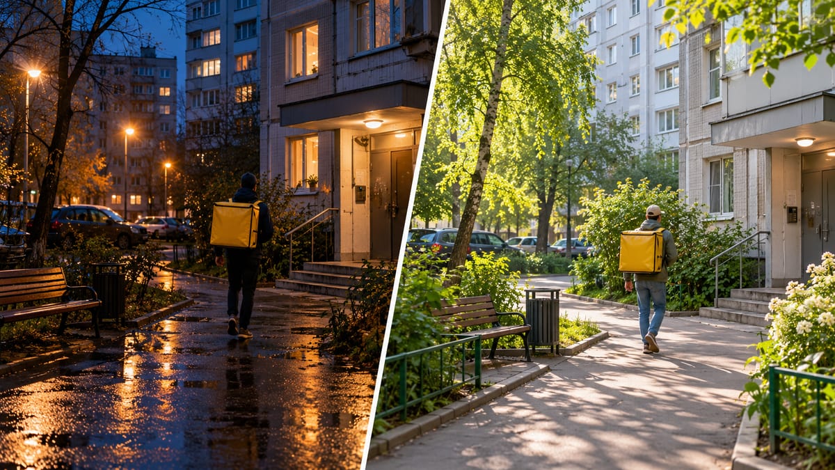 Курьер с жёлтым коробом идёт к подъезду: слева вечерний двор с фонарями, справа утро выходного дня