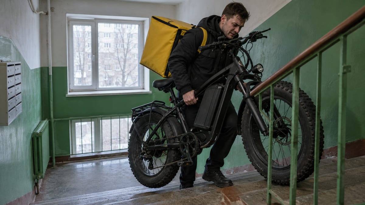Курьер с жёлтым термокоробом заносит тяжёлый электровелосипед по лестнице подъезда