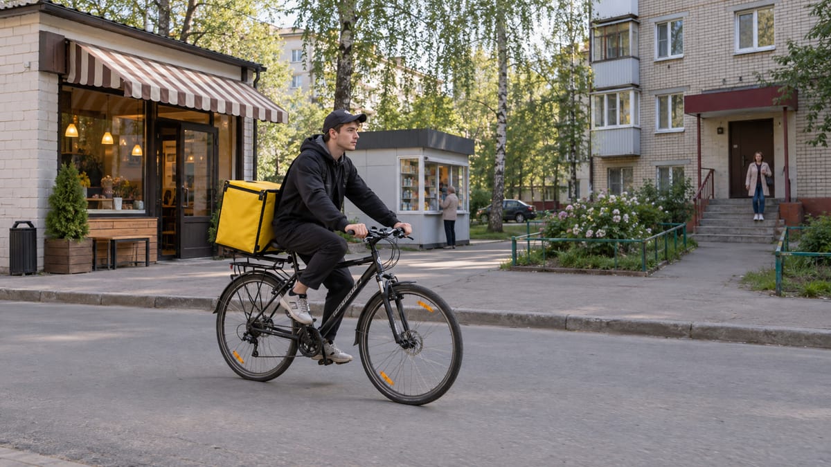 Курьер с жёлтым термокоробом едет на велосипеде по заснеженной городской улице