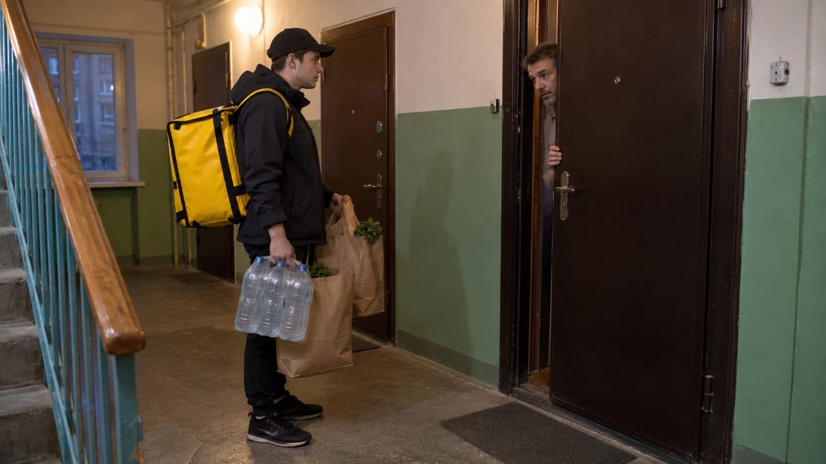 Курьер с жёлтым термокоробом держит два пакета продуктов и упаковку воды у двери квартиры, из-за двери выглядывает мужчина