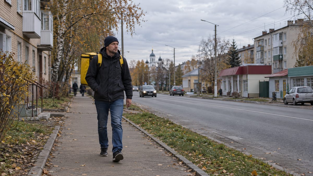 Курьер с жёлтым термокоробом на велосипеде у пешеходного перехода в небольшом городе, на обочинах снег