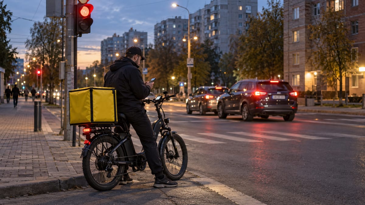 Курьер Яндекс Еды на жёлтом велосипеде с термокоробом едет по городу