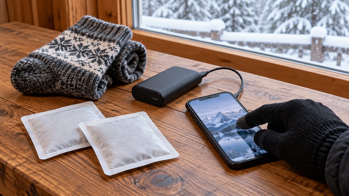 Рука в сенсорной перчатке касается экрана смартфона, рядом химические грелки, повербанк и тёплые носки