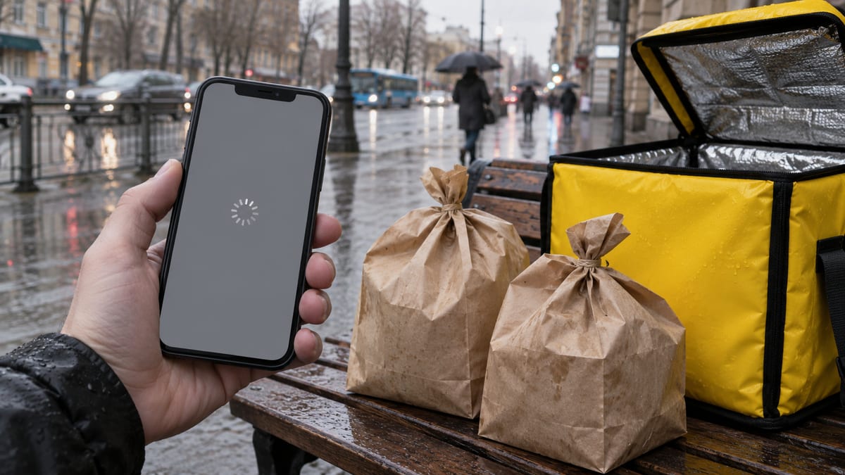 Рука держит смартфон с серым экраном загрузки, на скамейке два пакета с заказами и открытый жёлтый термокороб