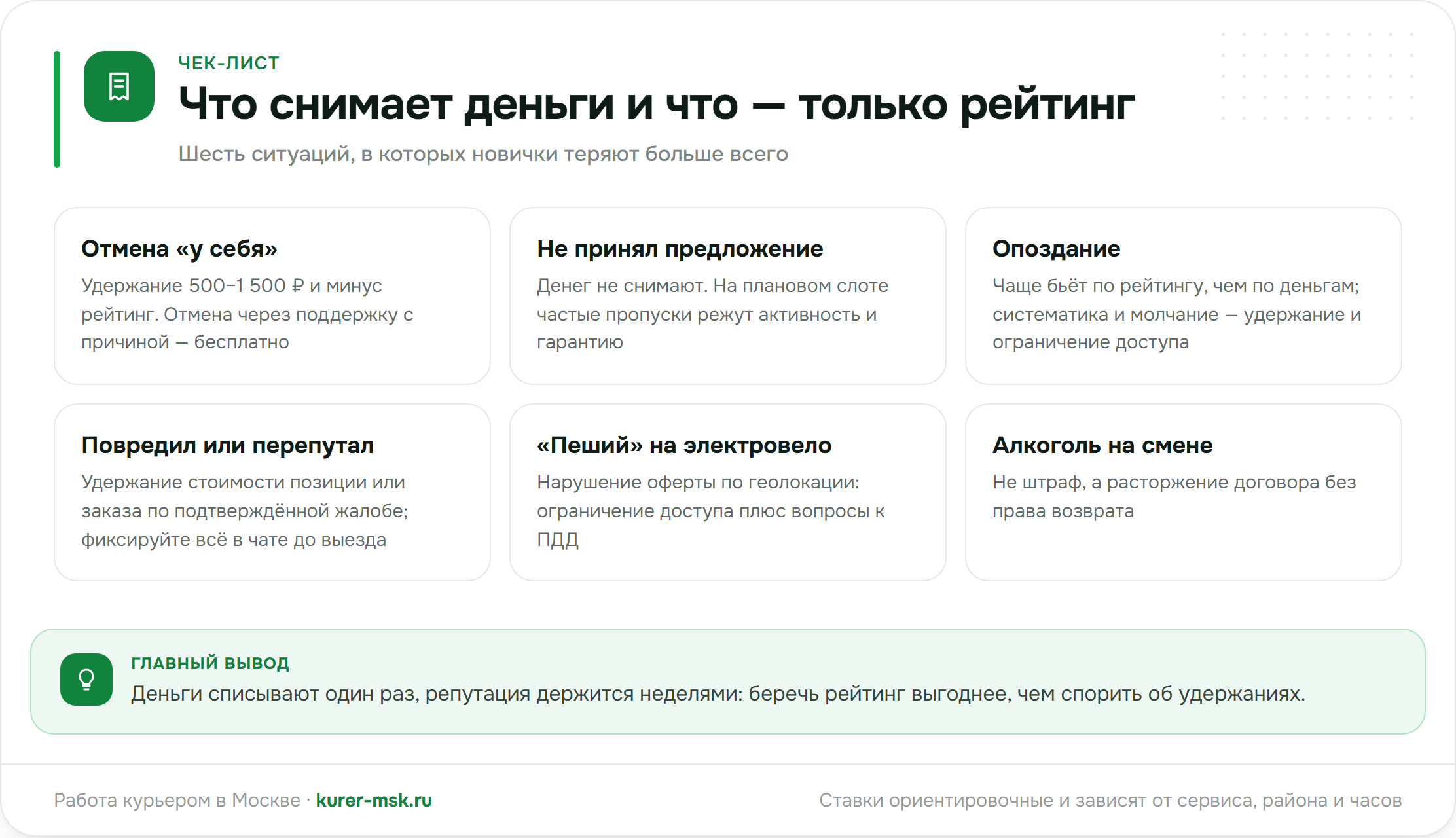 Чек-лист штрафов курьера: что снимает деньги и что — только рейтинг