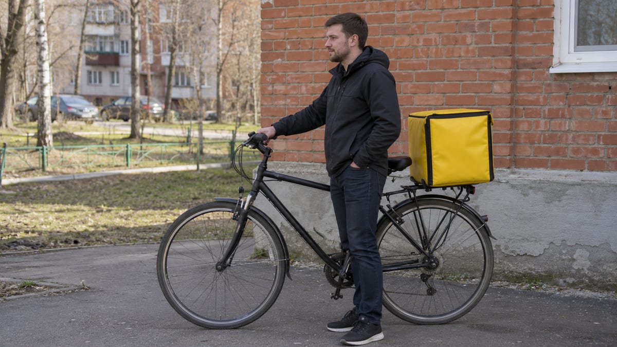 Курьер в жёлтой форме едет на электровелосипеде с термокоробом по улице