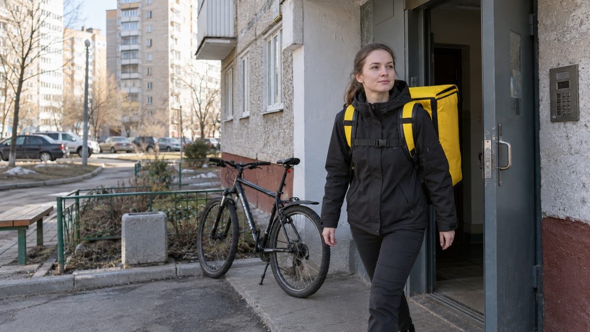 Курьер с жёлтой термосумкой пересекает дорогу