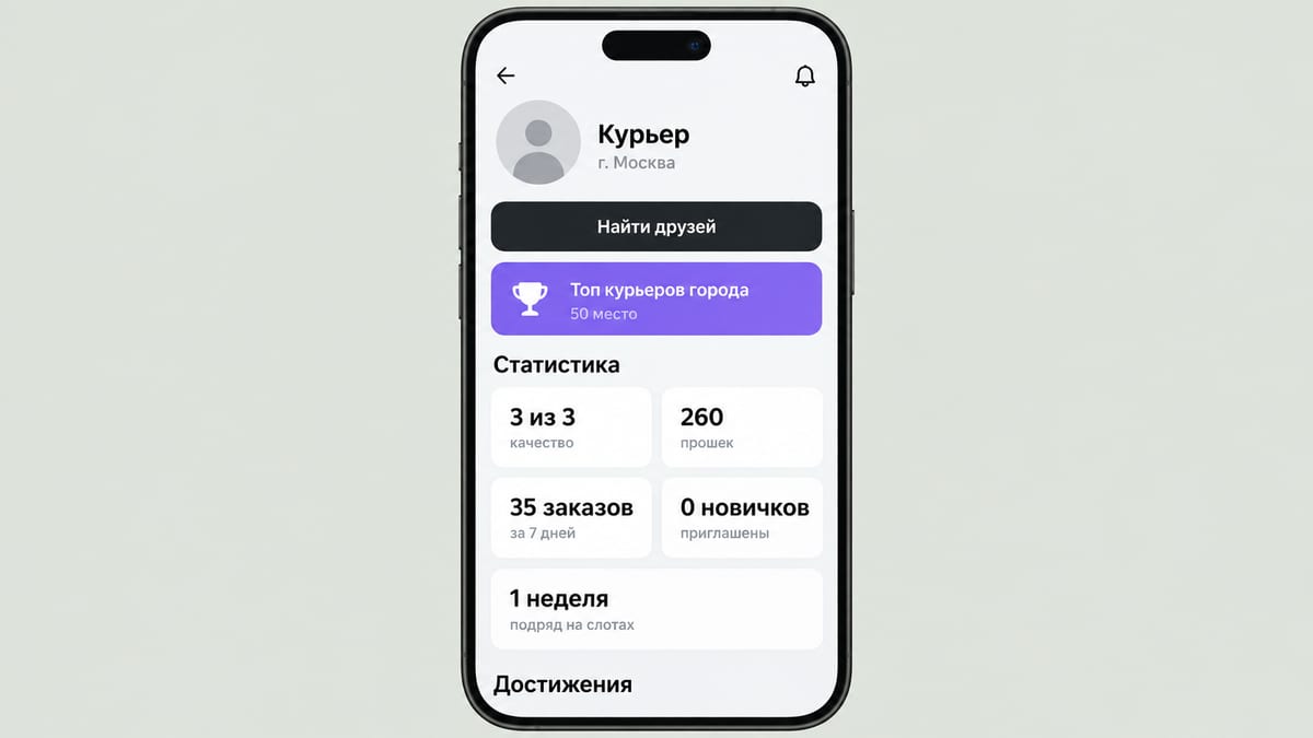 Иллюстрация экрана публичного профиля курьера: место в топе города, качество, число заказов за 7 дней, недели подряд на слотах